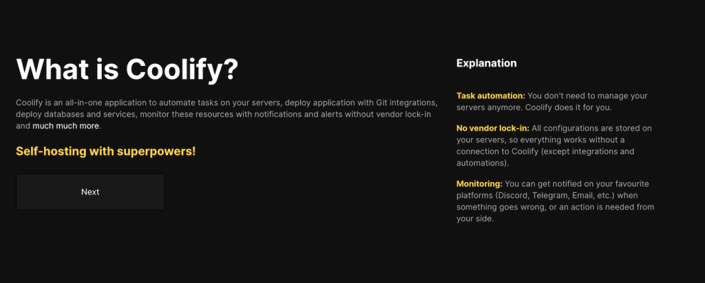 Página de inicio de Coolify