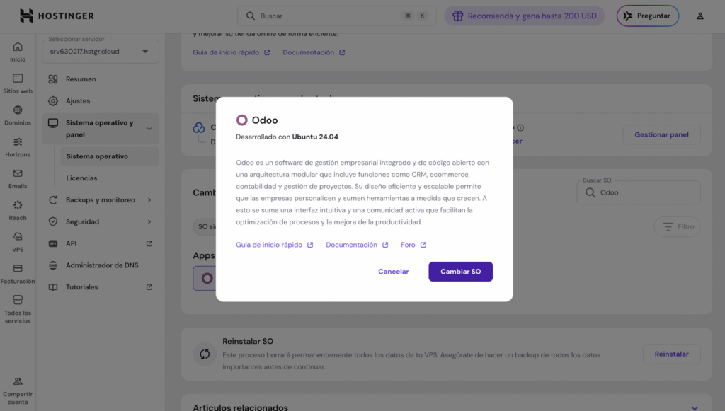 Cambiar SO en hPanel