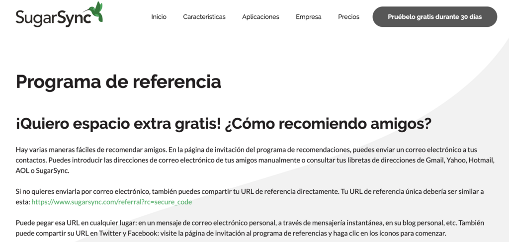 Página de preguntas frecuentes del programa de referencias de SugarSync