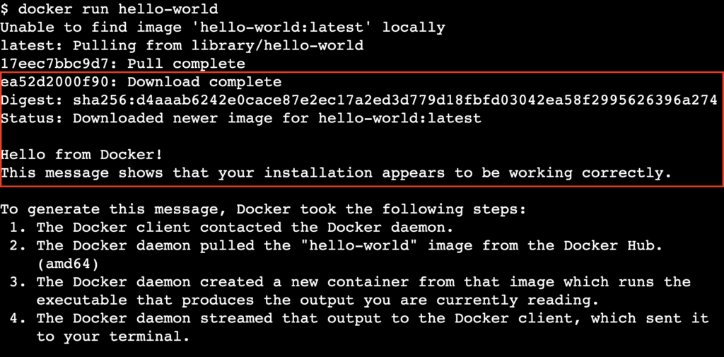 Salida del contenedor Docker hello-world confirmando el éxito de la instalación