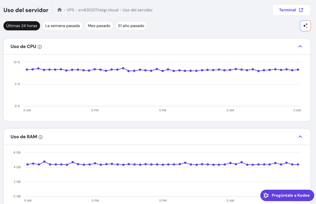 El monitor de recursos de hPanel muestra el consumo de hardware de Coolify en reposo