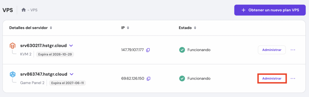 El botón del panel Administrar en la página de descripción general de VPS de hPanel