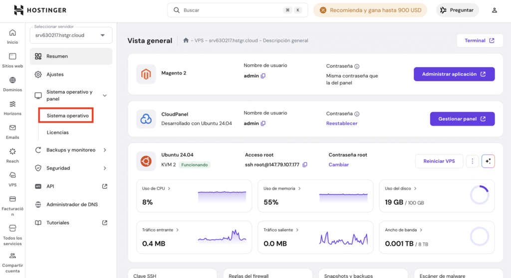 Ubicación del submenú Sistema operativo en el panel de control de hPanel VPS.