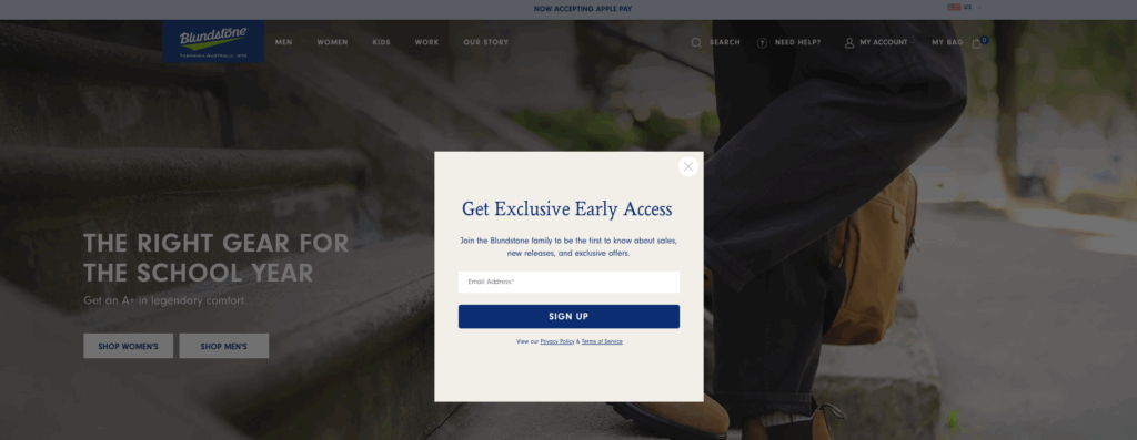 Ventana emergente de registro de Blundstone