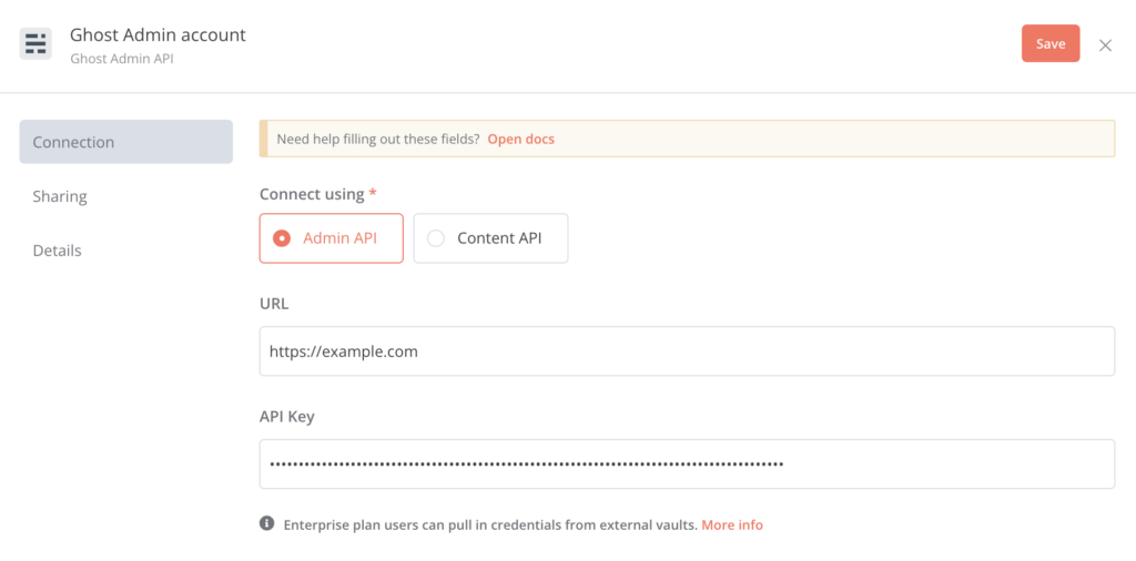 La sección Admin API en el cuadro de diálogo Ghost Admin API de n8n