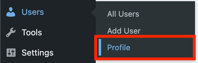 El menú Perfil en la barra lateral del panel de administración de WordPress