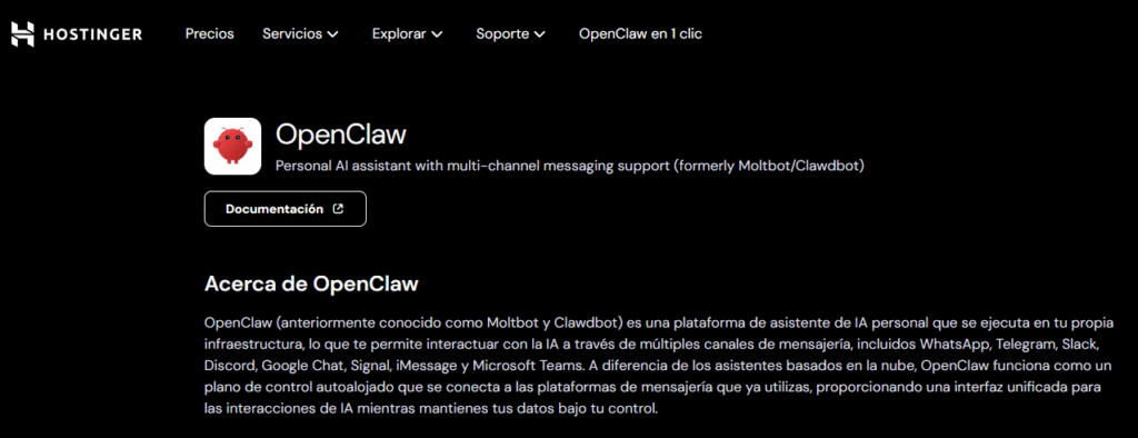 Interfaz de VPS de Hostinger OpenClaw que muestra la integración de Nexos AI Credits para usar los tokens de IA incluidos en el plan