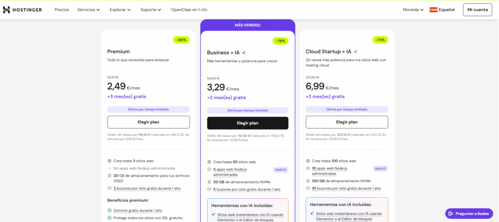 Una captura de pantalla de la página de registro de los servicios de hosting administrado de WordPress de Hostinger, que muestra los distintos planes de suscripción disponibles.