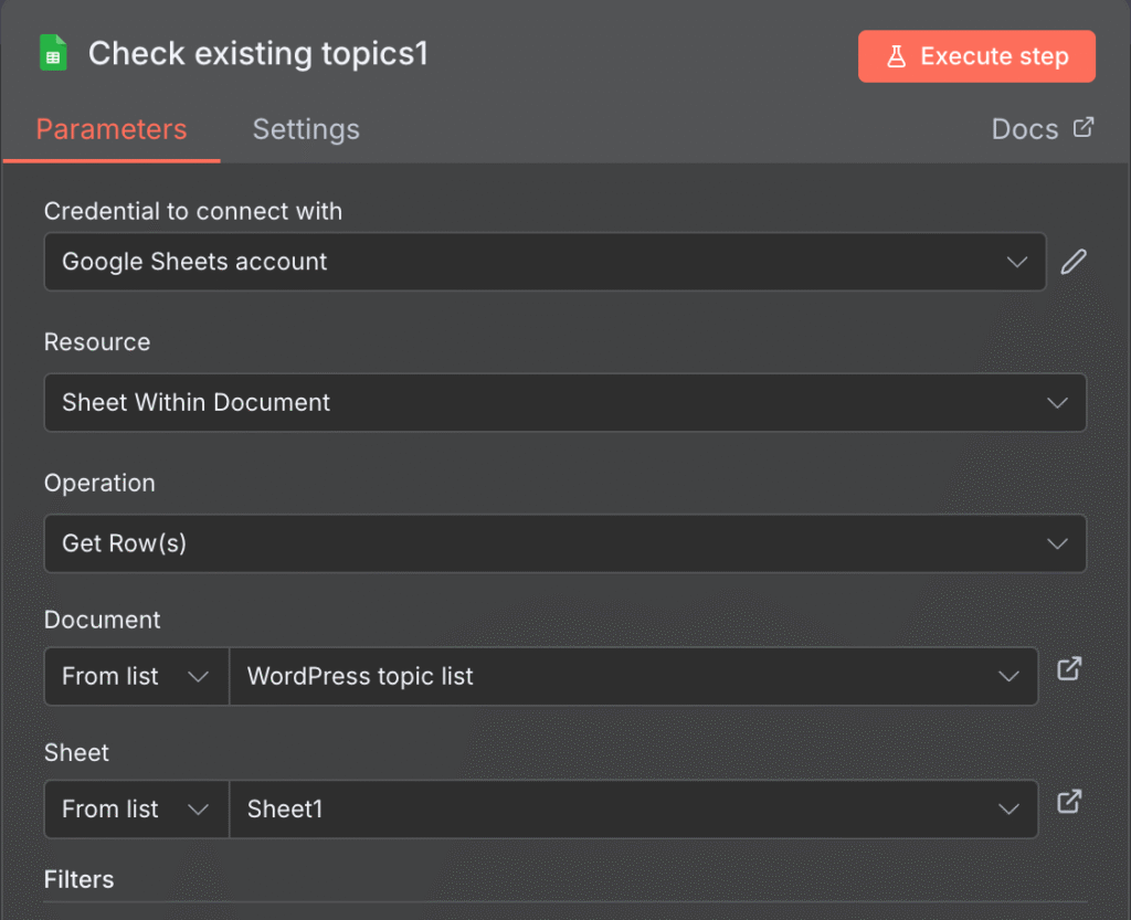 La configuración del nodo Get row sheet para obtener temas existentes
