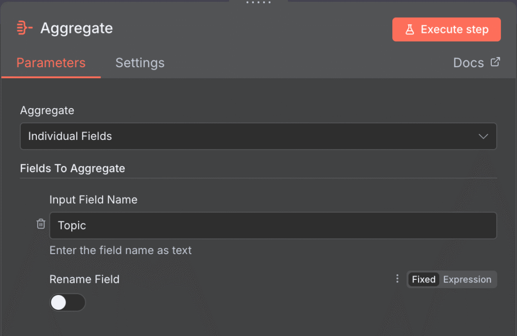 Configuración del nodo Aggregate para agrupar los temas de las entradas de WordPress
