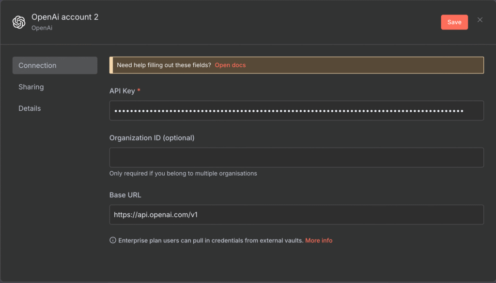 La página de configuración de credenciales del nodo de OpenAI en n8n