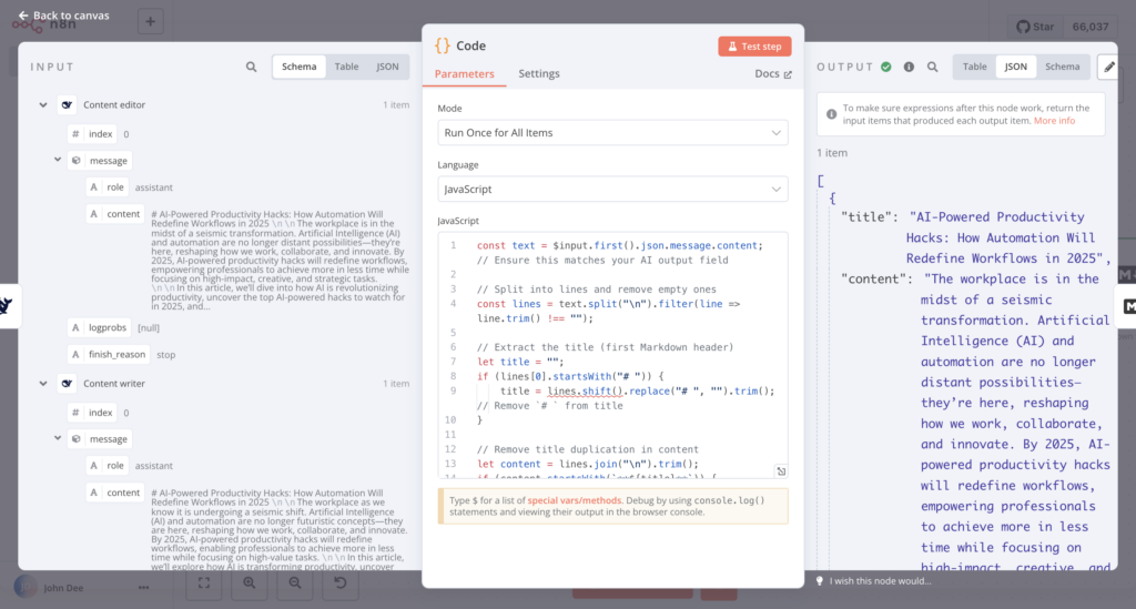 La entrada, el cuadro de diálogo de configuración y el panel de salida del nodo Code en n8n
