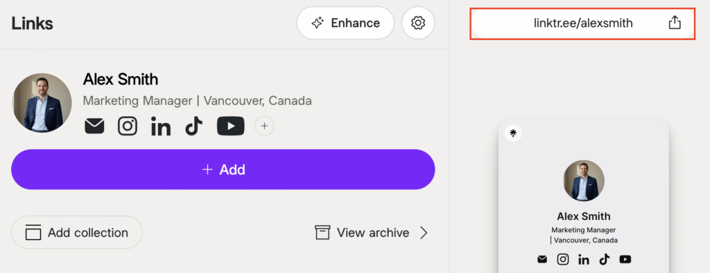 URL del perfil de Linktree destacada en el panel de administración