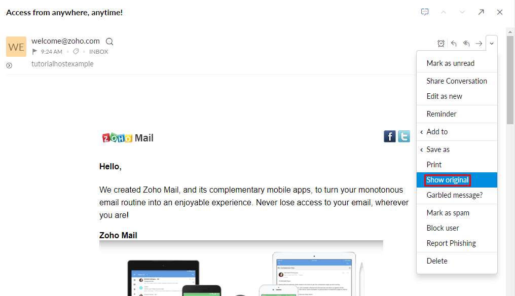 Zoho Mail, con Mostrar original resaltado.