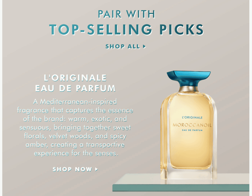 Campaña promocional por correo electrónico de Moroccan Oil que destaca el producto más vendido