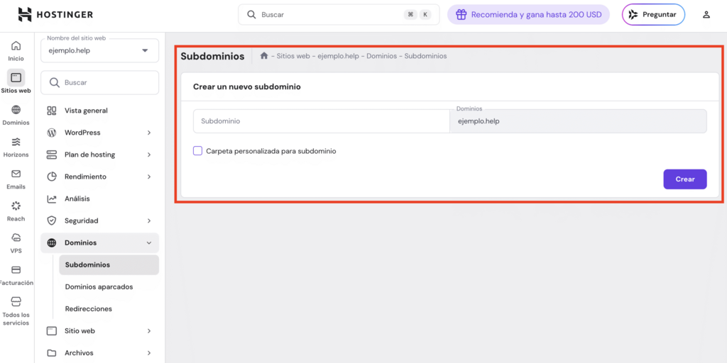 Crear la sección de subdominios en hPanel