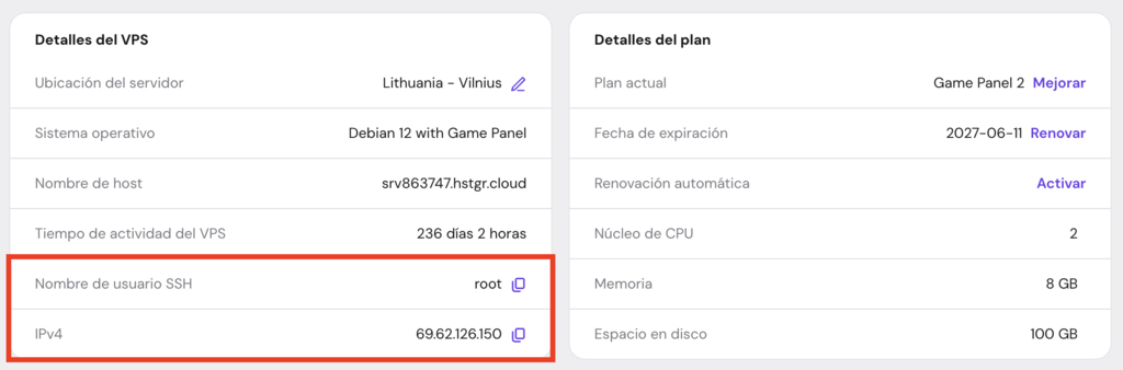 Credenciales de acceso SSH del servidor en la página de descripción general del VPS de hpanel