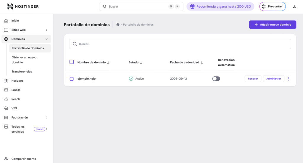 La sección de dominios en hPanel