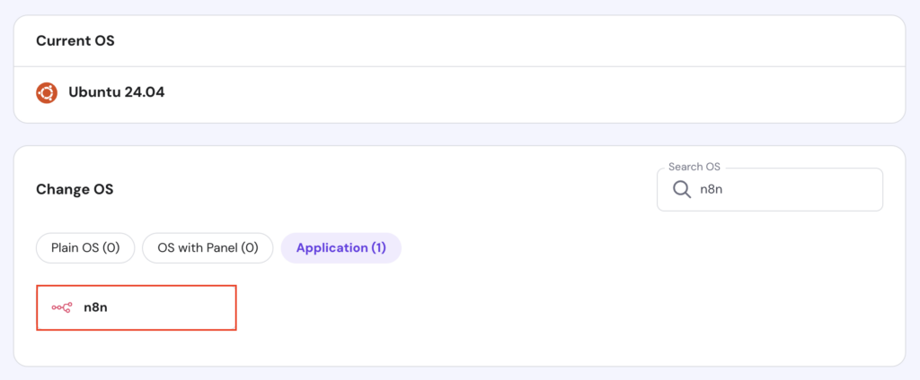 La plantilla de n8n en la sección Cambiar el sistema operativo del VPS de hPanel
