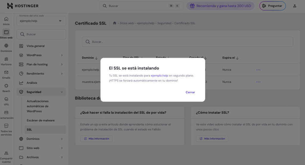 Aviso de instalación de SSL en hPanel