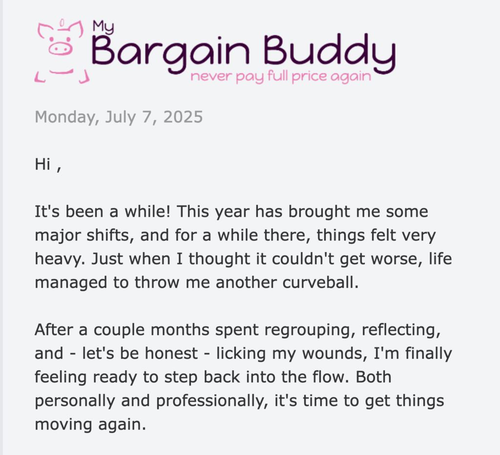 Mi campaña de email marketing de My Bargain Buddy que muestra la carta de presentación