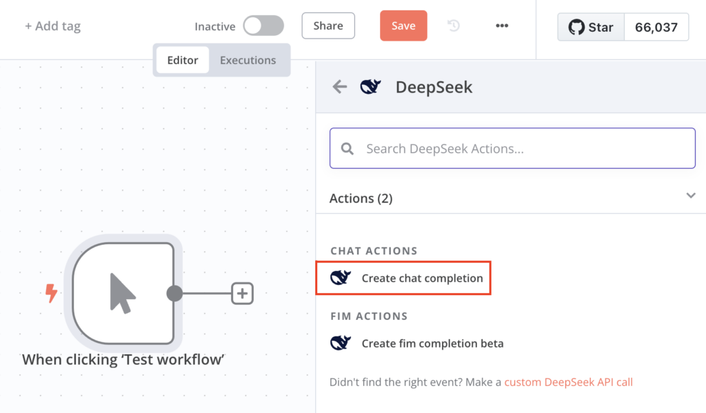 La acción Create chat completion debajo del nodo DeepSeek del lienzo del editor de flujos de trabajo de n8n
