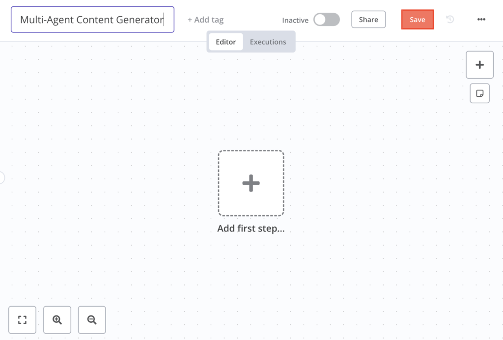 El botón Guardar en el lienzo del editor de flujos de trabajo de n8n
