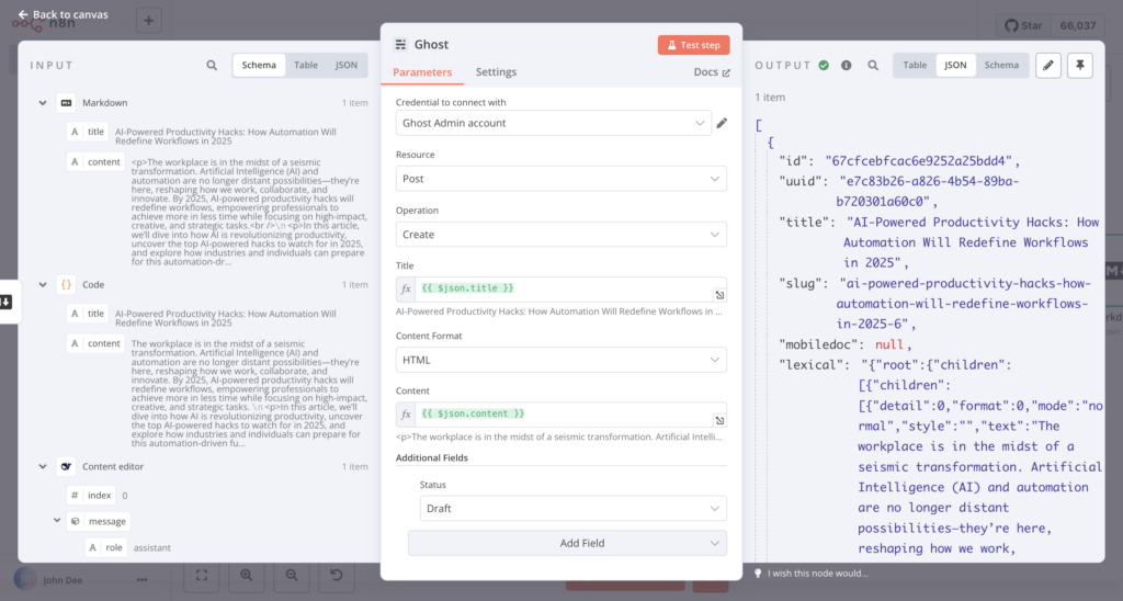 La entrada, el cuadro de diálogo de configuración y el panel de salida del nodo Ghost en n8n