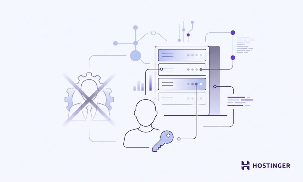 Ilustración abstracta que muestra la gestión de servidores, la seguridad y el acceso de usuarios, con nodos y líneas interconectadas, con la marca de Hostinger.