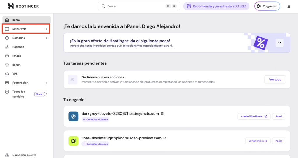 Sección Inicio de la cuenta de Hostinger