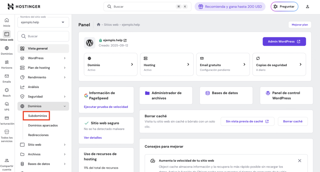 Sección de administración de sitios web de hPanel de Hostinger