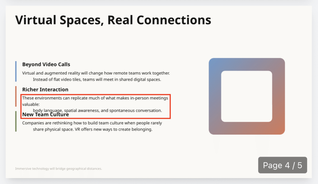 La vista previa muestra texto superpuesto y problemas de alineación en la diapositiva de la presentación.