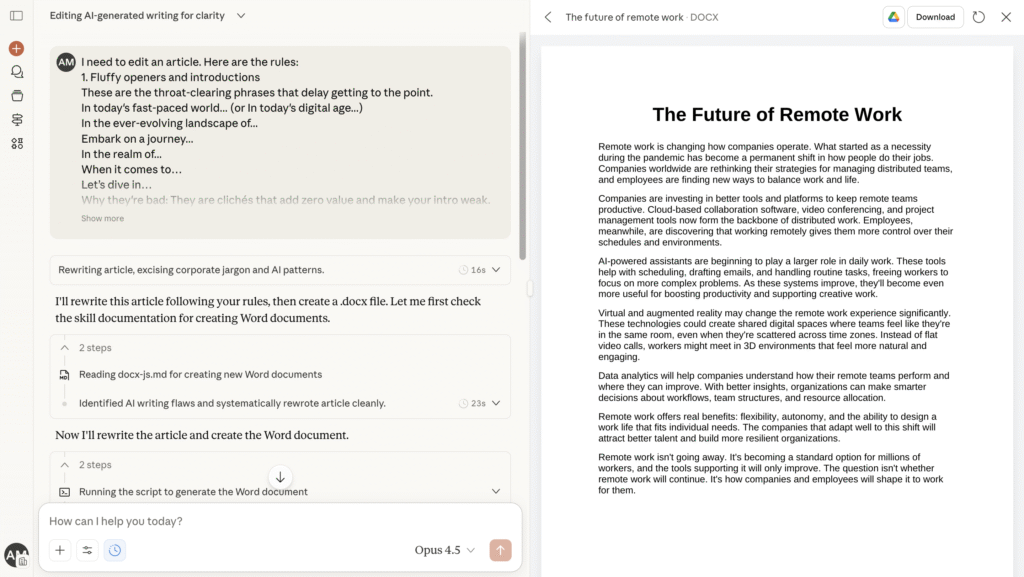 Chat que muestra las reglas manuales usadas para reescribir y exportar un artículo a DOCX