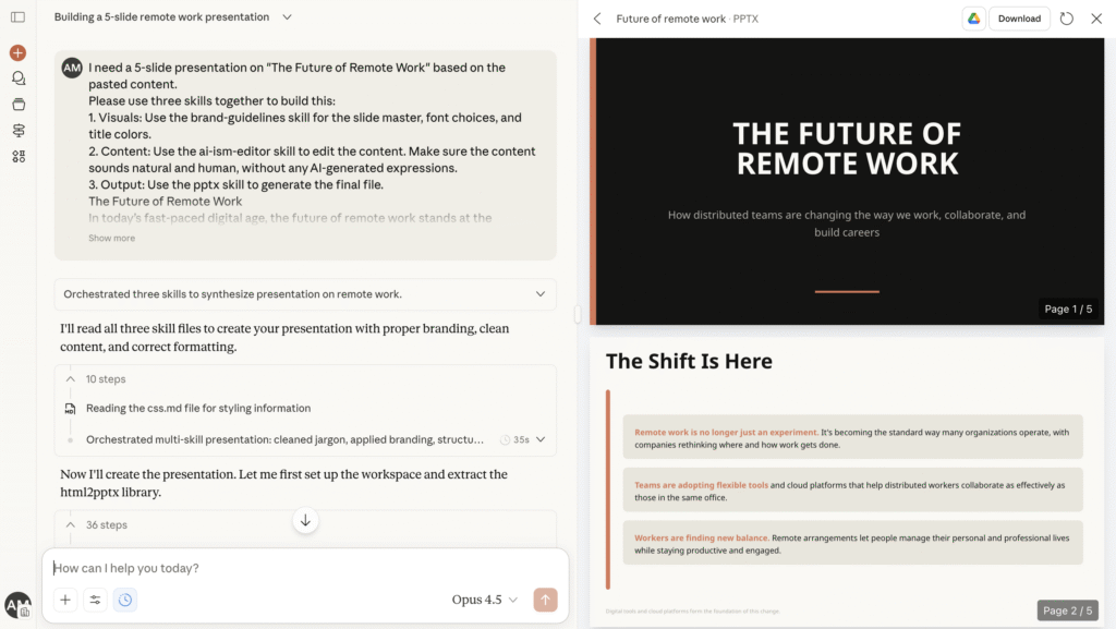 Chatea usando tres habilidades para generar una presentación de cinco diapositivas sobre trabajo remoto.