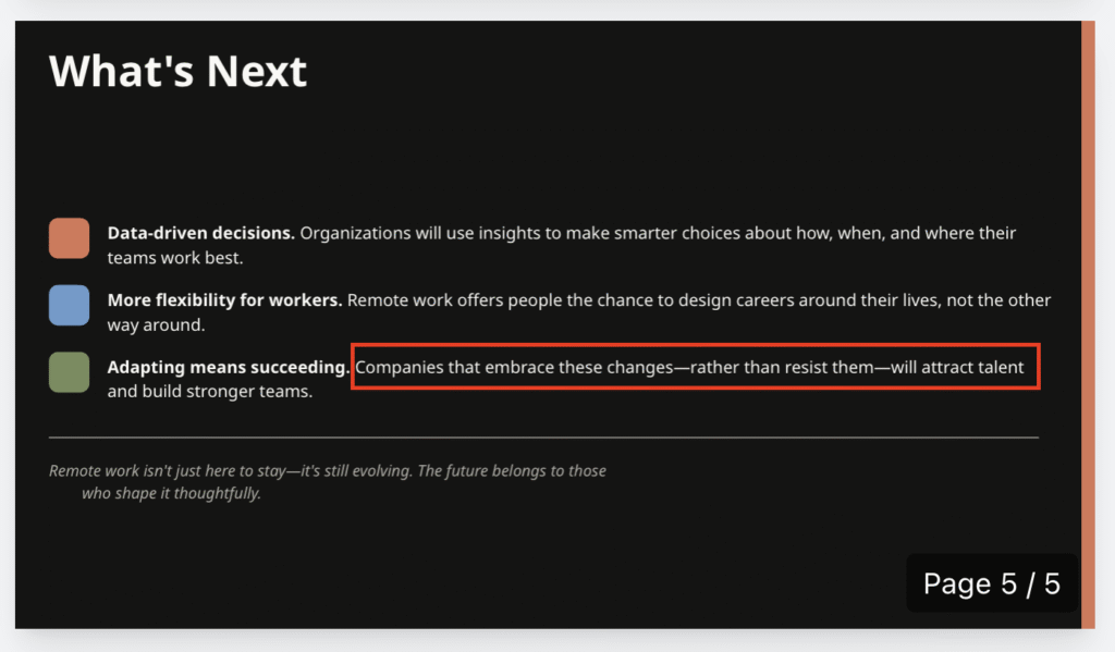 Vista previa que resalta los guiones largos sobrantes en la diapositiva final de la presentación