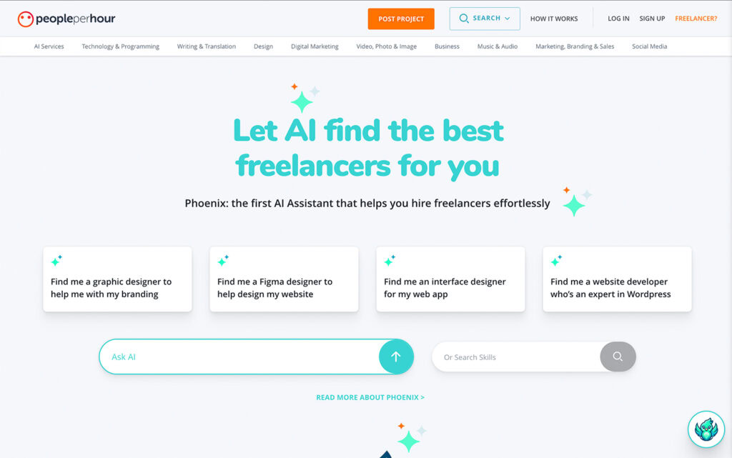 Página de inicio de PeoplePerHour con opciones para encontrar servicios freelance en diversas industrias.