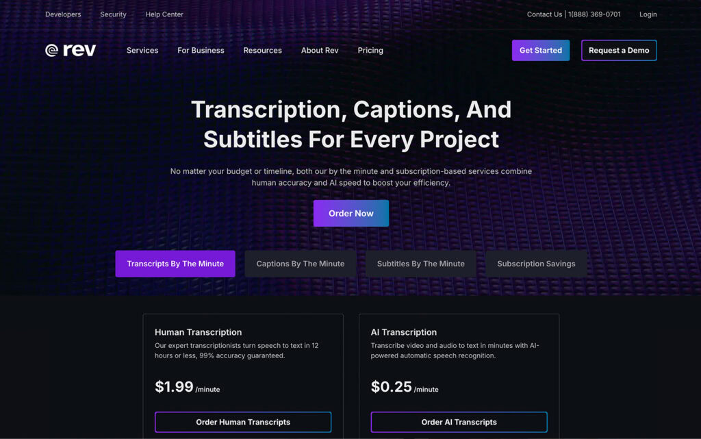 Página principal de Rev con servicios de transcripción, subtítulos ocultos y subtítulos para distintos proyectos