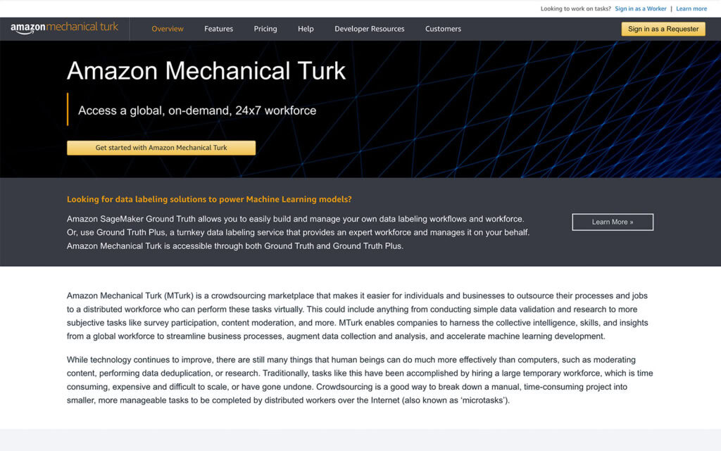 Página de inicio de Amazon Mechanical Turk que ofrece soluciones de crowdsourcing para empresas y particulares.