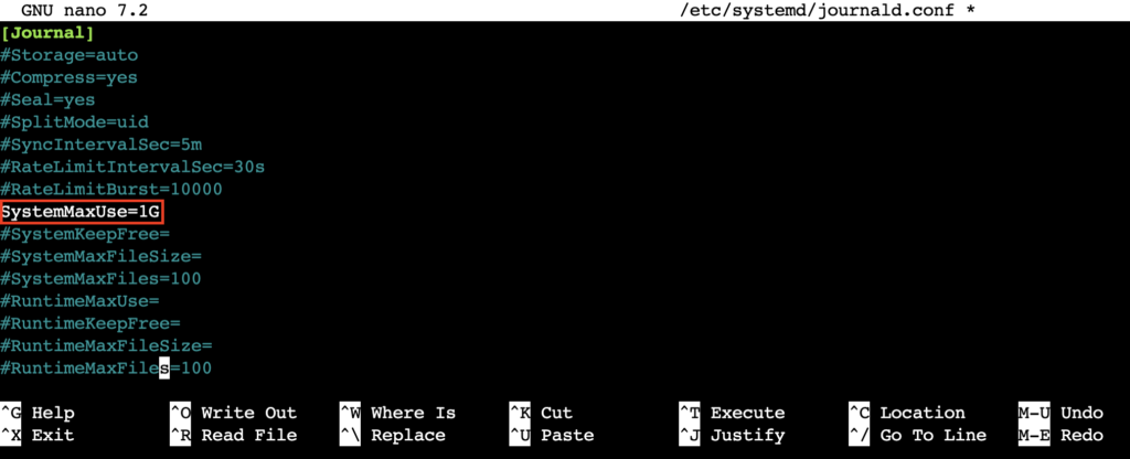 El contenido del archivo journald.conf en el editor de texto nano
