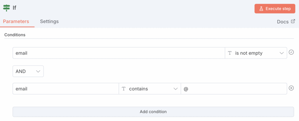 Nodo IF de n8n que valida una dirección de correo electrónico.