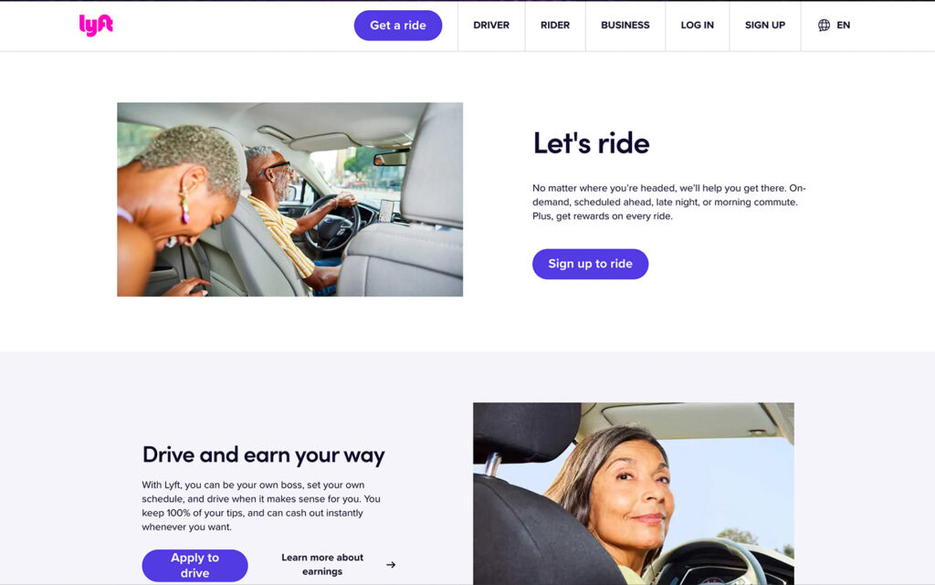 Página de inicio de Lyft que promociona viajes compartidos y oportunidades para conducir, con retiros de dinero al instante.