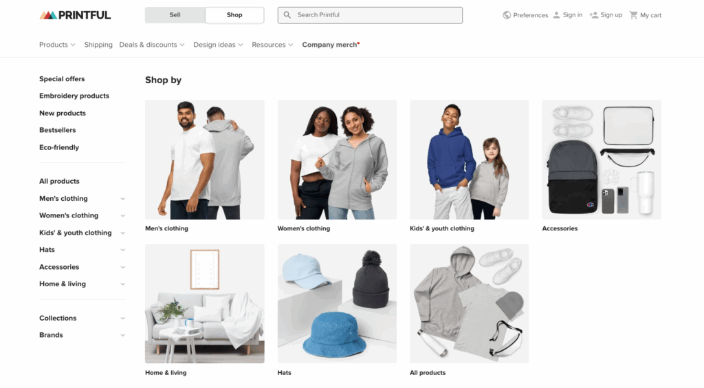 Catálogo de productos de Printful con los tipos de productos disponibles