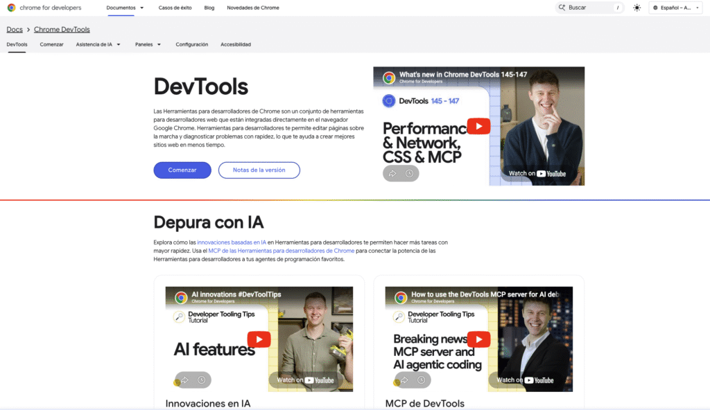 Página de documentación de Chrome DevTools