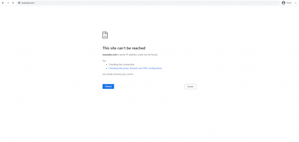 Cómo se ve el error DNS_PROBE_FINISHED_BAD_CONFIG en Google Chrome