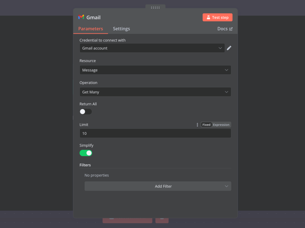 Mensaje de integración de Gmail en n8n que muestra las opciones de configuración de la acción