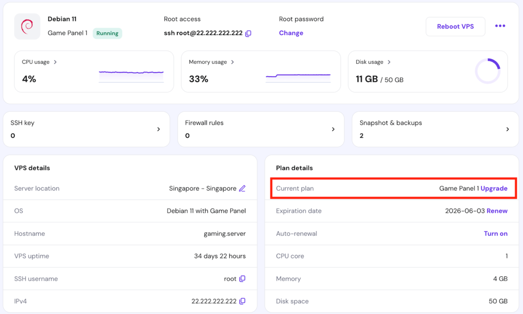 El botón Upgrade en la página de resumen del VPS de hPanel