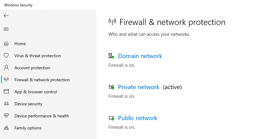 El menú Firewall y protección de red en Windows Defender