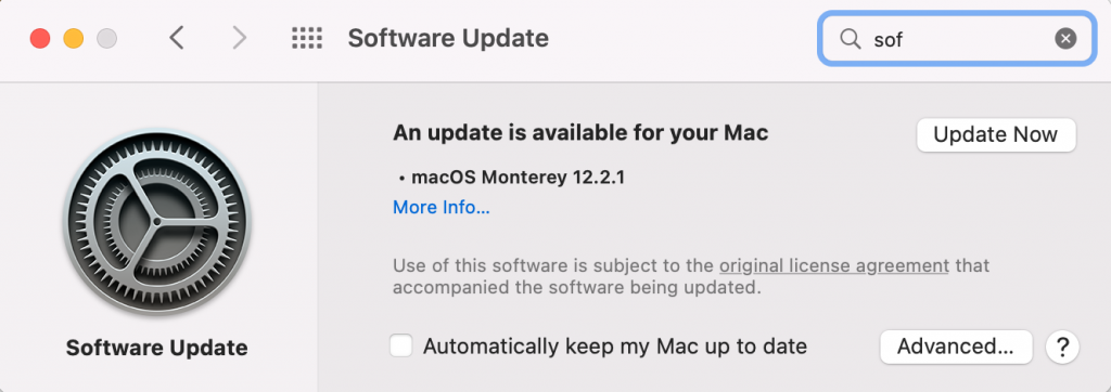 El menú de Actualización de software en macOS