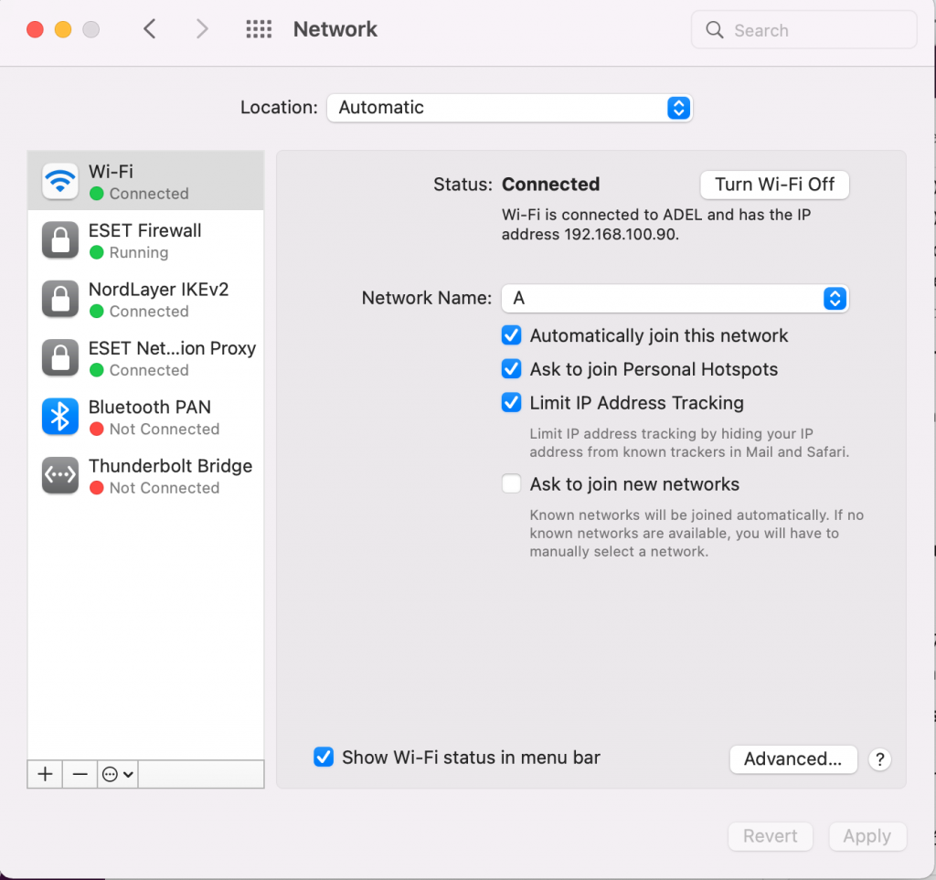 El menú de configuración de red en macOS