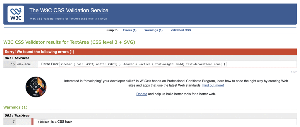 El validador CSS del W3C muestra un error de sintaxis en el selector .nav-menu
